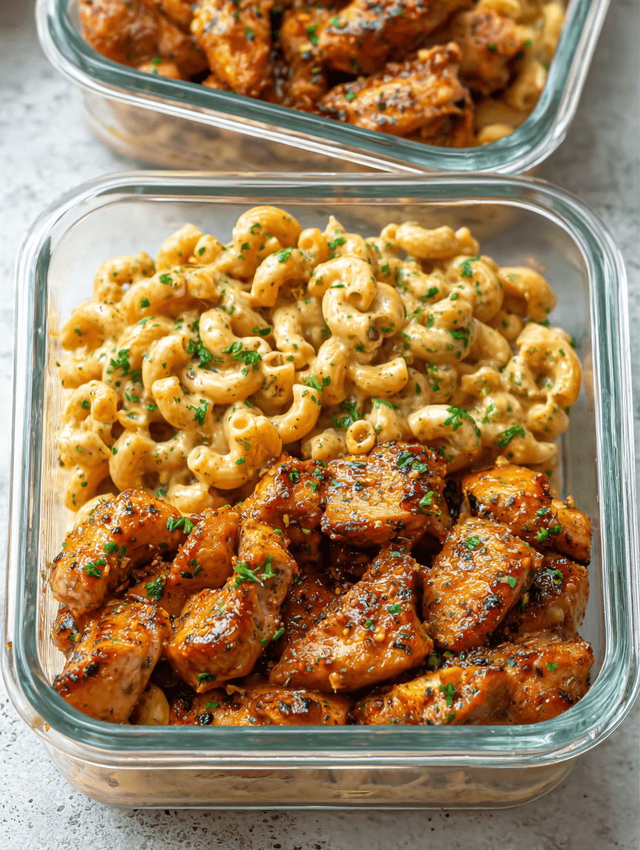 high-protein-honey-garlic-butter-chicken-mac-and-cheese-serving. high-protein honey garlic butter chicken with mac and cheese meal prep container