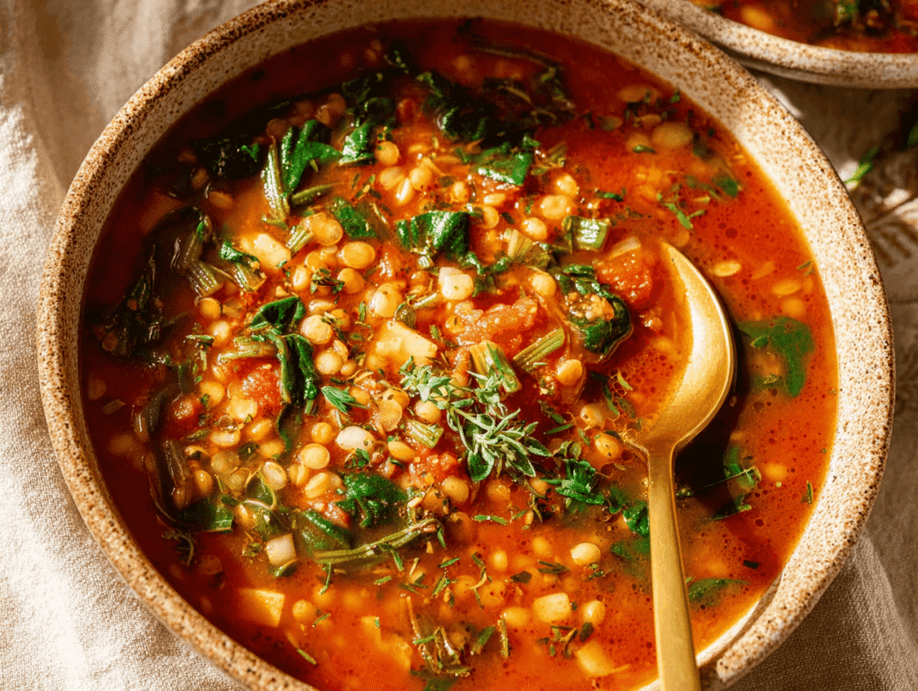 high protein lentil soup served in two bowls with fresh herbs and golden spoons