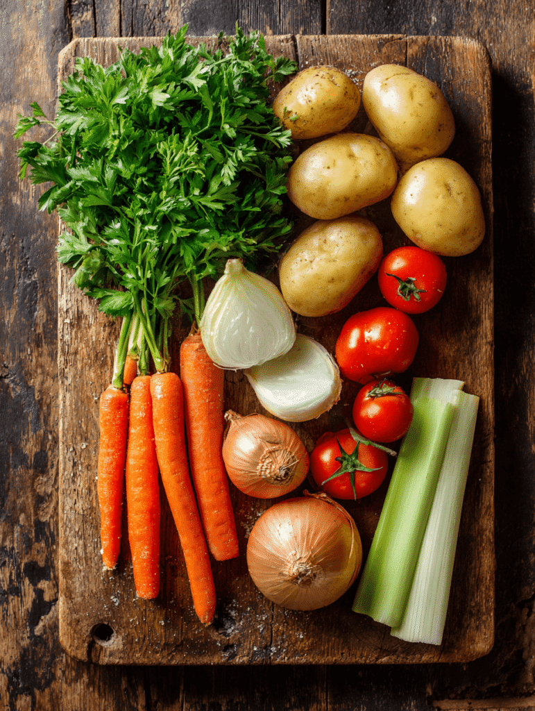 ingredients for old-fashioned homemade vegetable soup