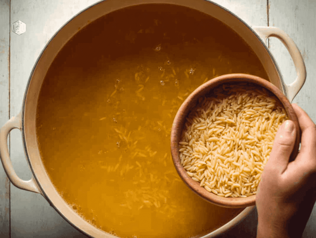 Hand adding orzo pasta into pot of golden chicken broth for Italian Penicillin Soup Recipe