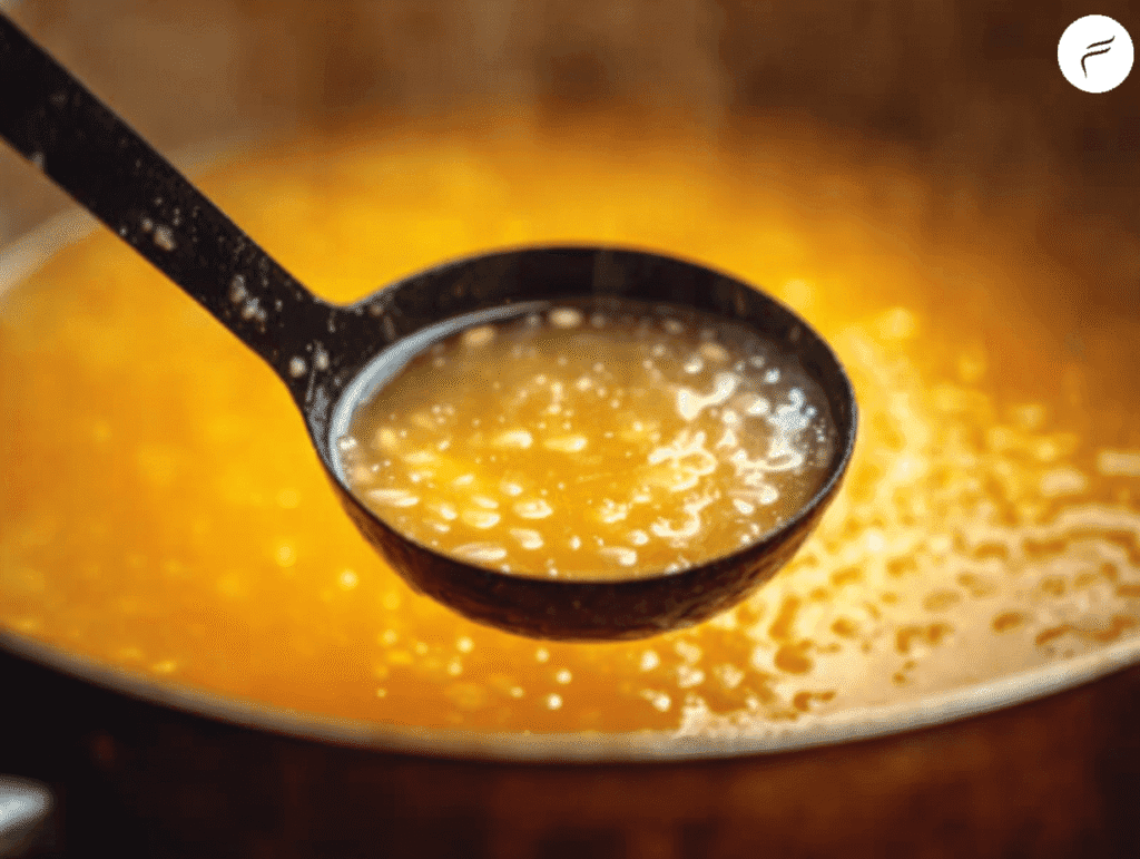 Ladle of Italian Penicillin Soup with golden broth and orzo pasta ready to serve