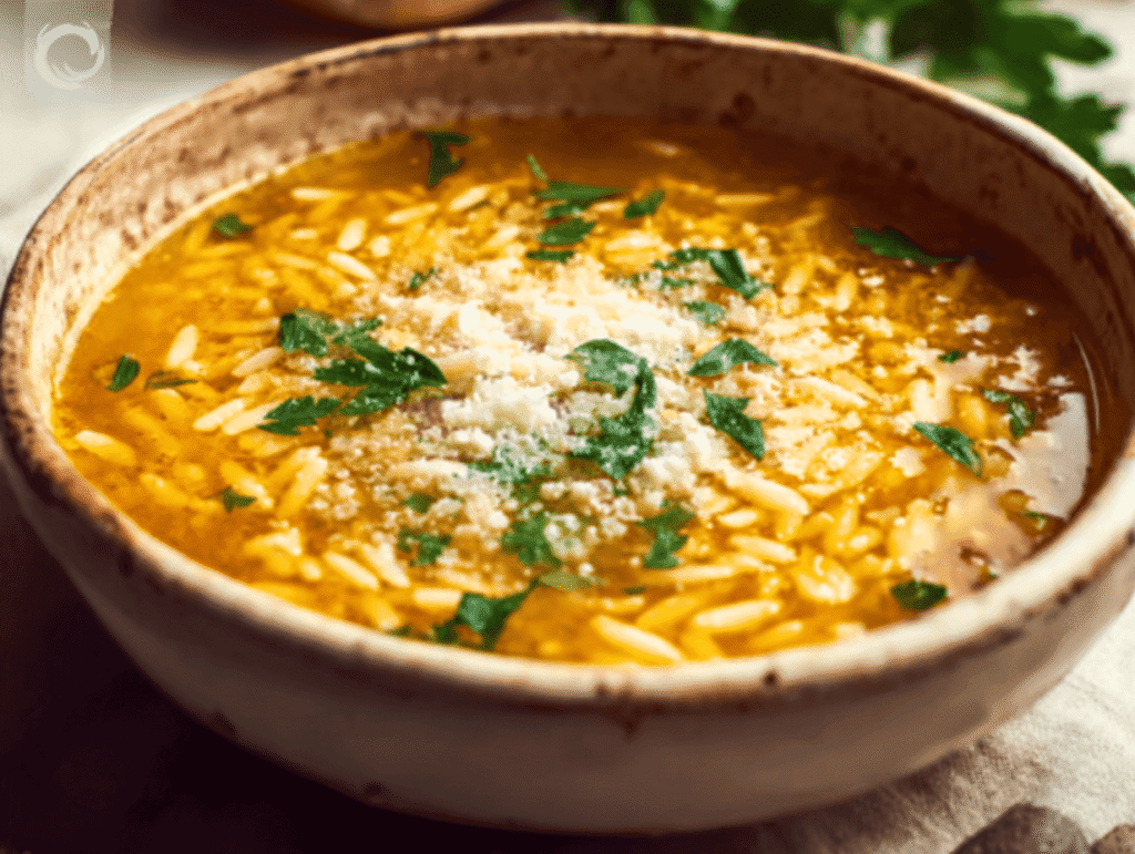 Bowl of Italian Penicillin Soup garnished with Parmesan cheese and parsley ready to serve