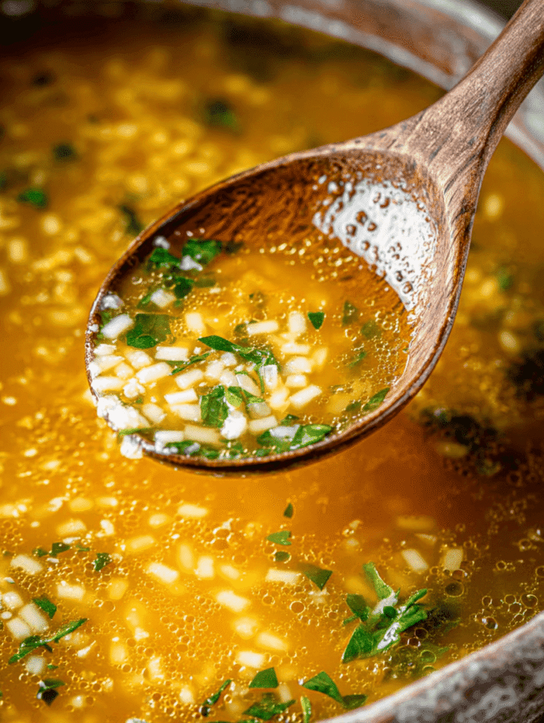 Spoonful of Italian Penicillin Soup Recipe with golden broth, pasta stars, and Parmesan