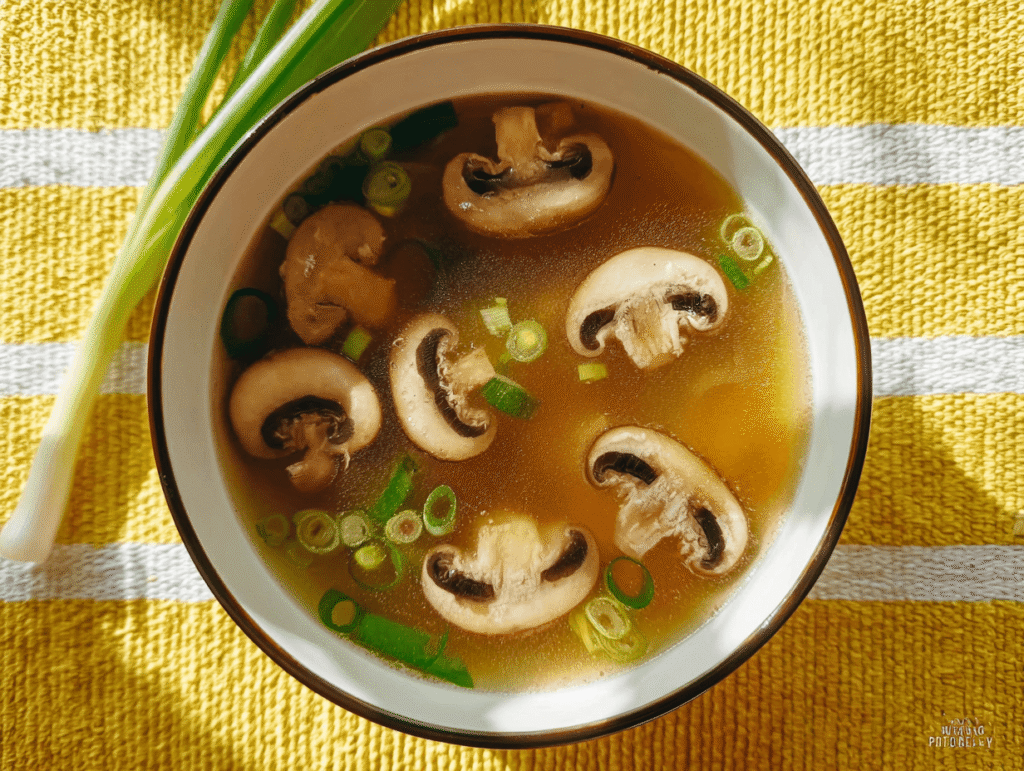 Japanese clear soup with mushrooms and green onions in a white bowl