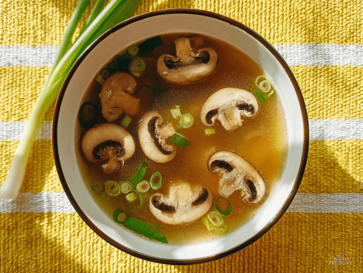 Japanese clear soup with mushrooms and green onions in a white bowl