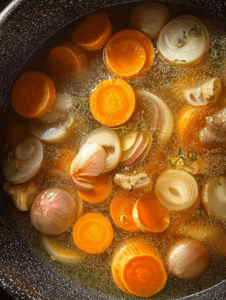 Vegetables simmering in broth for Japanese clear soup