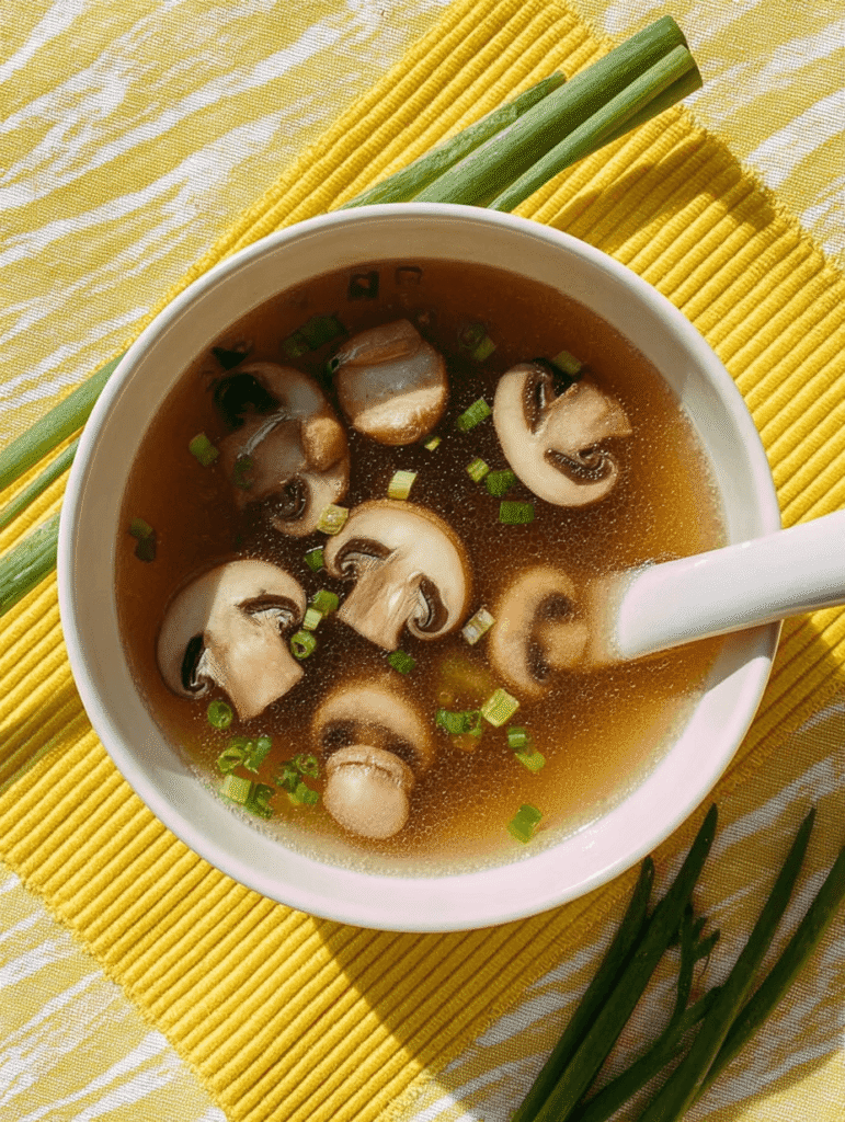 Bowl of Japanese clear soup with mushrooms and green onions on yellow mat