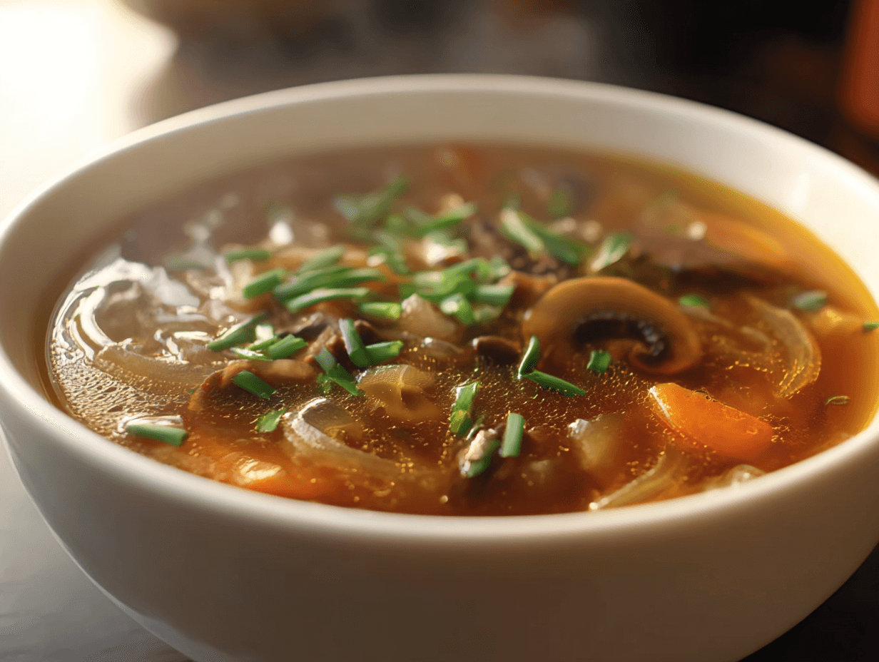 Japanese onion soup in porcelain bowl with chives and mushrooms