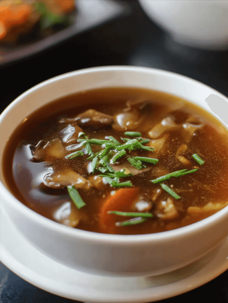 Japanese onion soup with mushrooms, onions, and chives in a white bowl