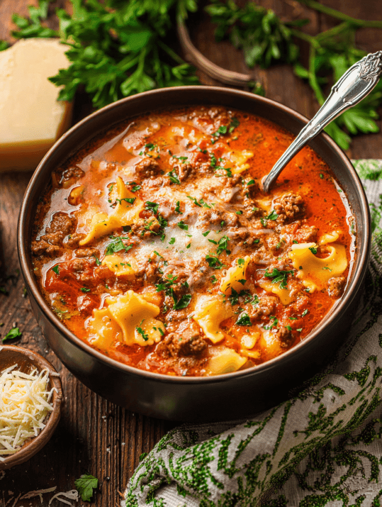Bowl of lasagna soup crockpot with noodles, beef, and cheese served on a wooden table