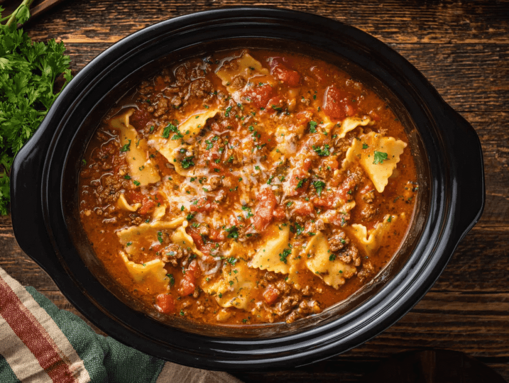 Finished lasagna soup crockpot with noodles, beef, tomato broth, and herbs ready to serve