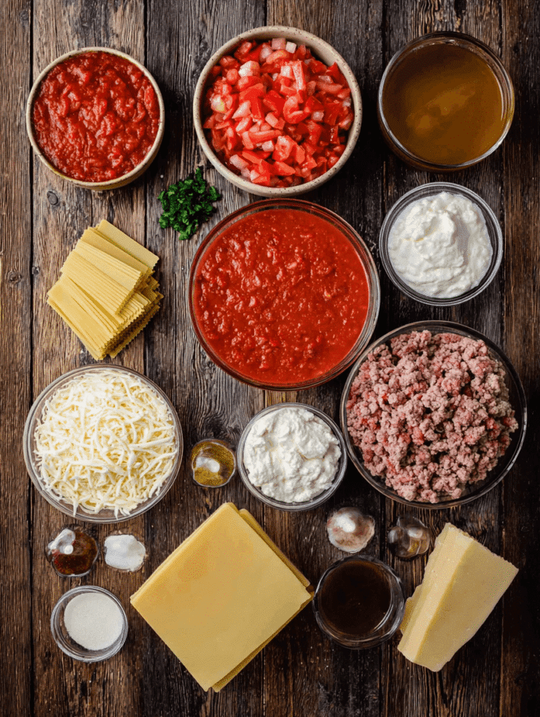 Lasagna soup crockpot ingredients on wooden table including beef, noodles, broth, and cheese