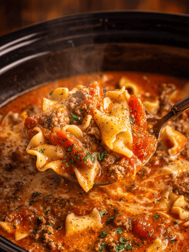 Ladle serving lasagna soup crockpot with noodles, beef, and melted cheese
