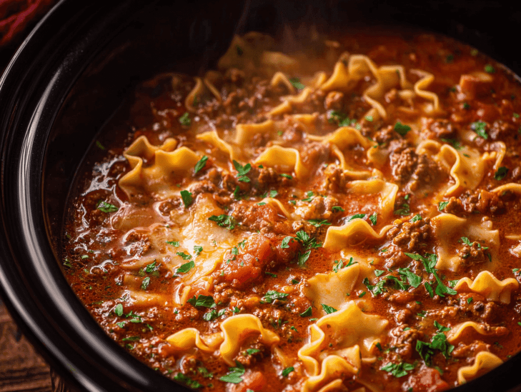 Lasagna soup crockpot with noodles, beef, and tomato broth topped with parsley