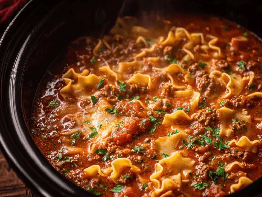 Lasagna soup crockpot with noodles, beef, and tomato broth topped with parsley
