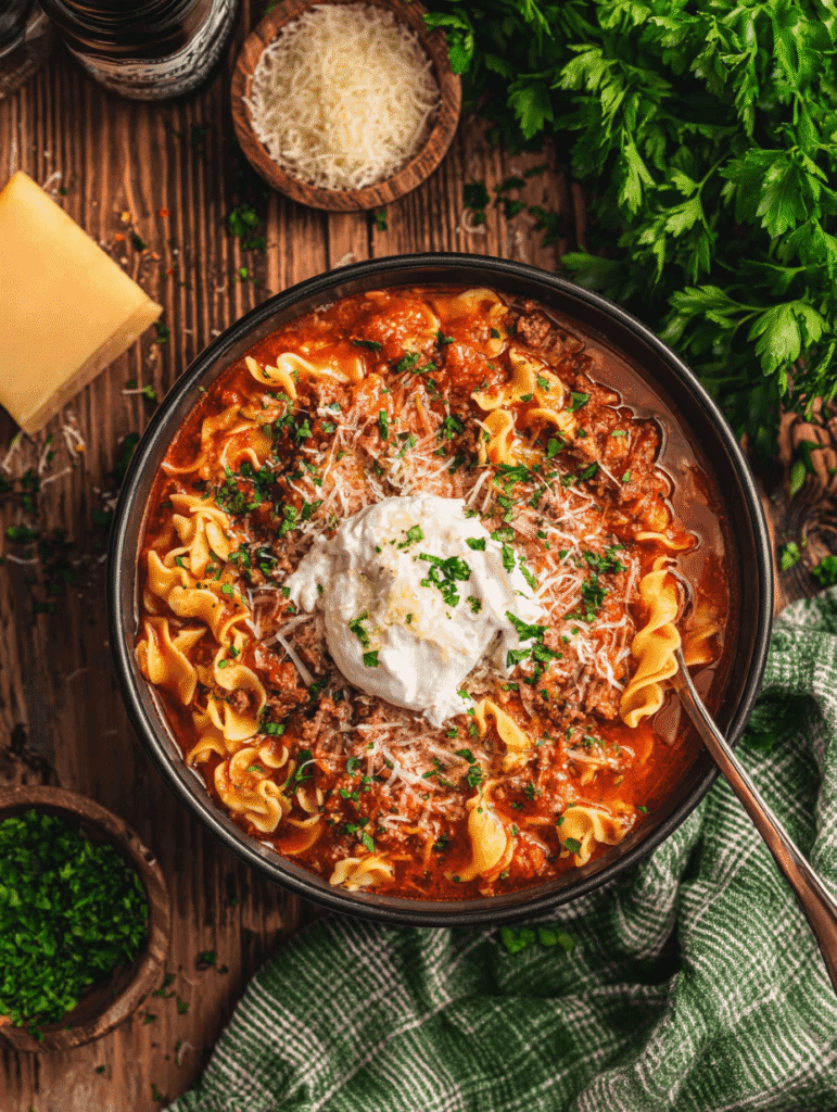 Bowl of lasagna soup crockpot topped with ricotta cheese and parsley on wooden table