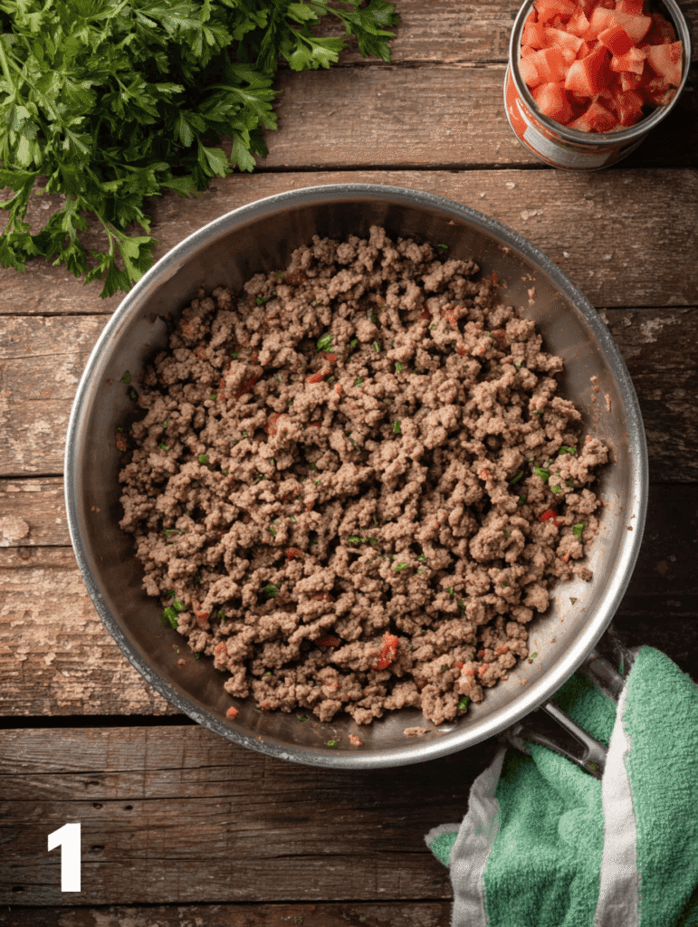 Ground beef browning in a skillet for lasagna soup crockpot recipe step 1