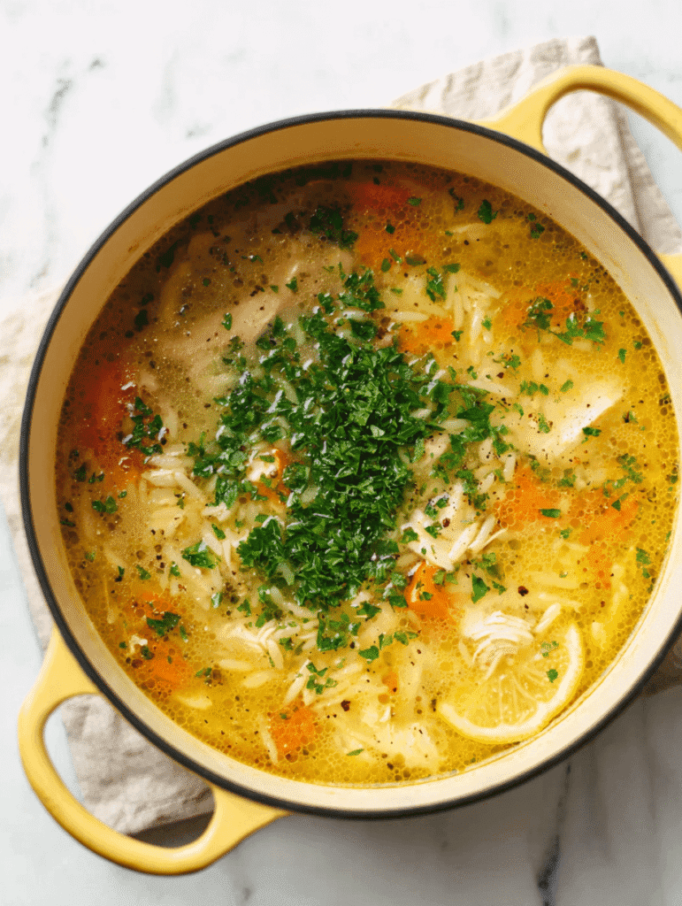 Finished lemon chicken orzo soup garnished with parsley in a yellow Dutch oven