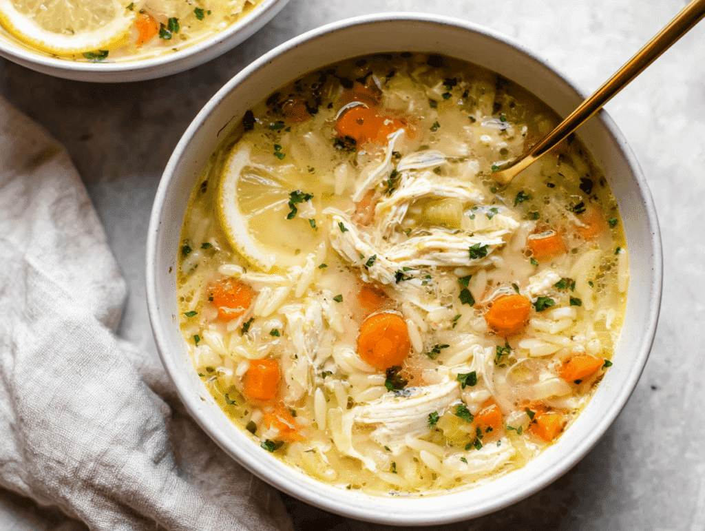 Healthy lemon chicken orzo soup with carrots, celery, and shredded chicken in a creamy broth