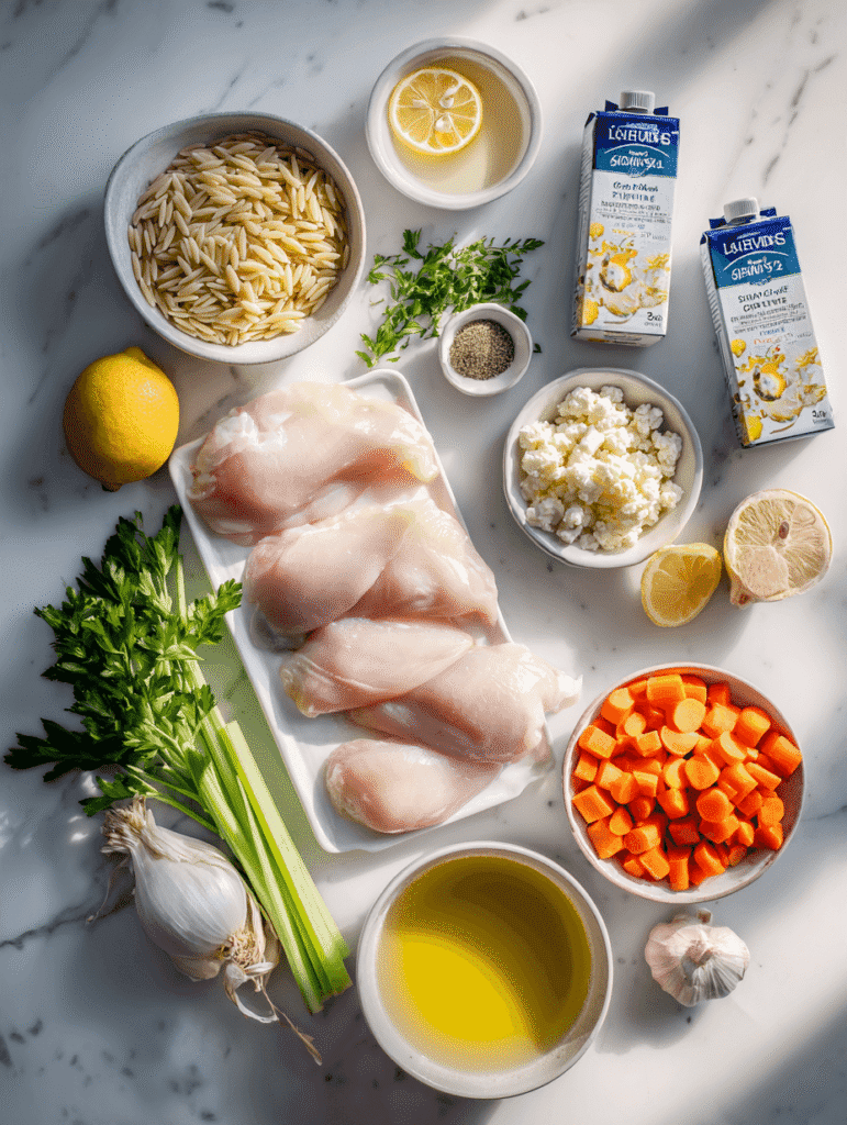 is lemon chicken orzo soup healthy ingredients — chicken, orzo, carrots, celery, and herbs arranged on marble