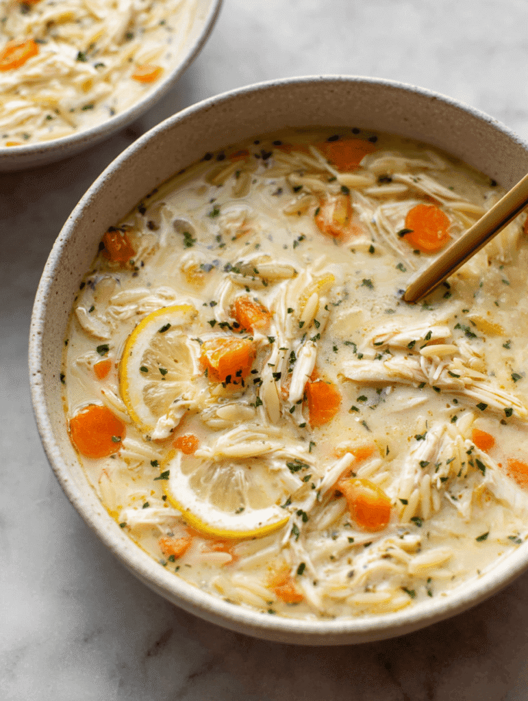 Bowl of healthy lemon chicken orzo soup with carrots, chicken, and lemon slice