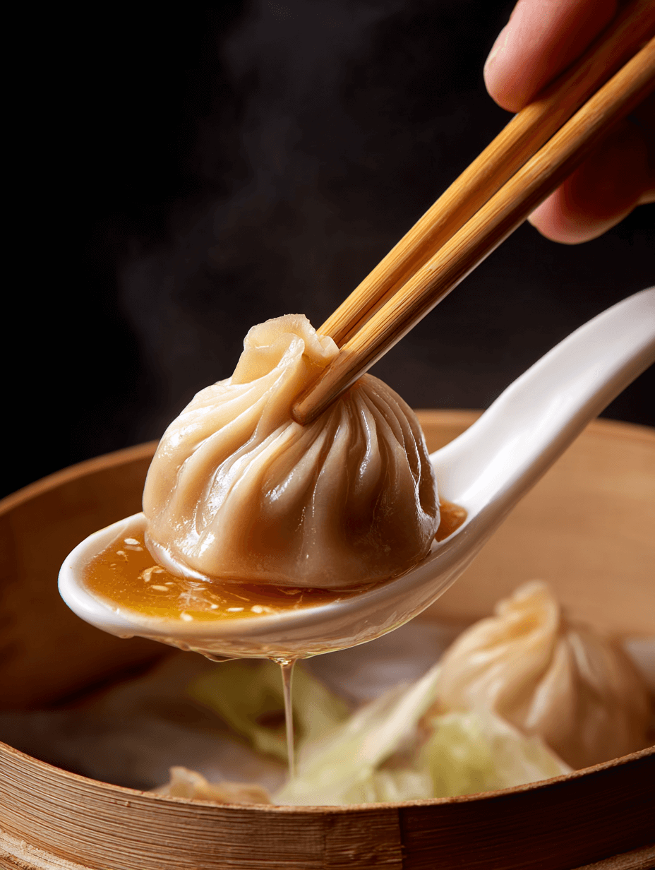 Soup dumpling lifted with chopsticks releasing broth for soup dumplings in onion cups