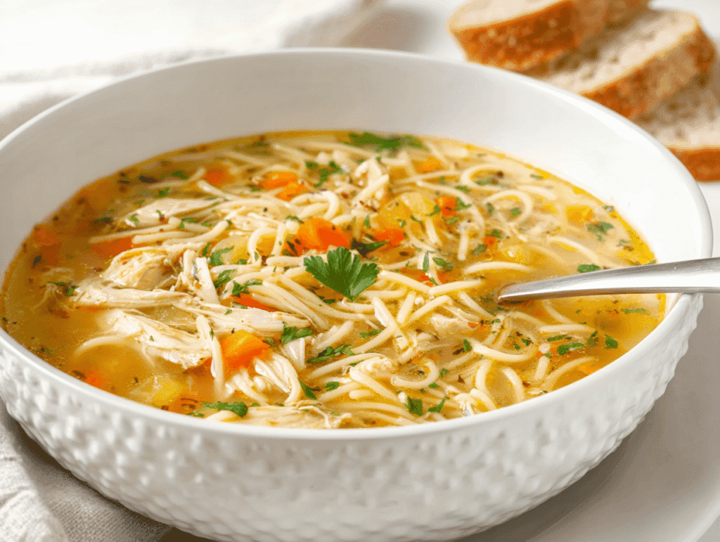 Lipton Chicken Noodle Soup in a white bowl with noodles, chicken, and vegetables