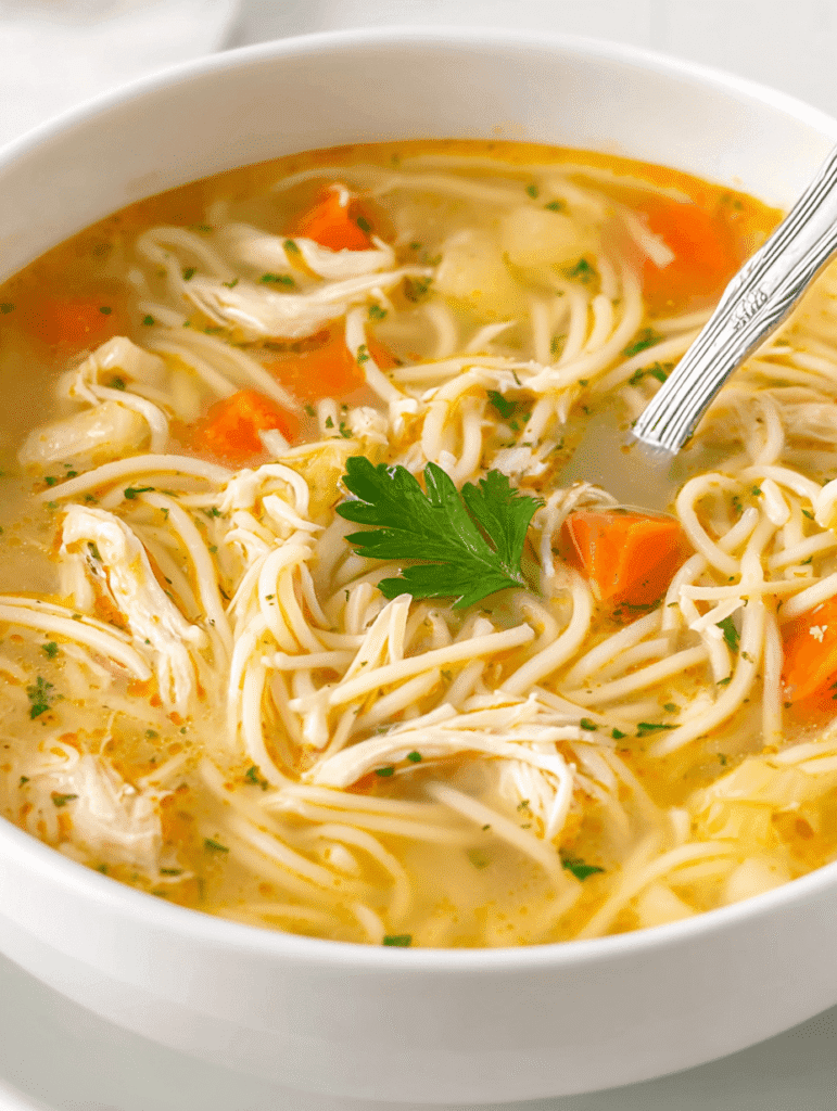Close-up of Lipton Chicken Noodle Soup with noodles, chicken, and parsley garnish