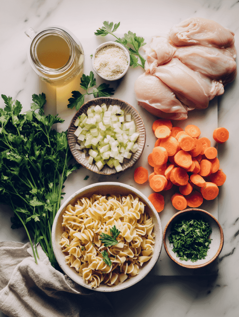 Ingredients for Lipton Chicken Noodle Soup on white marble countertop