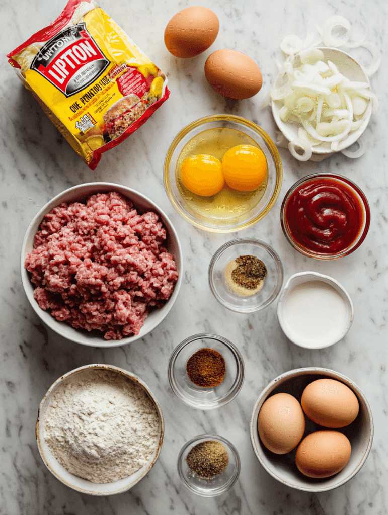 lipton onion soup mix meatloaf ingredients on marble countertop