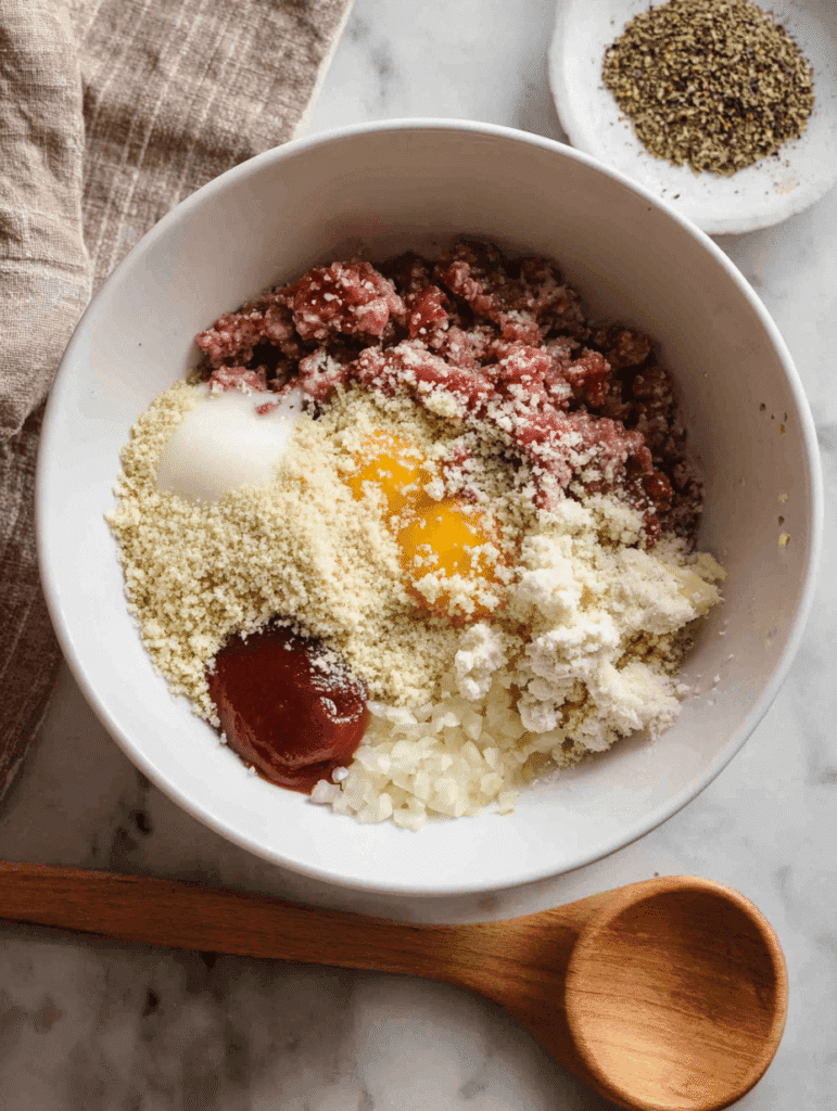 mixing ingredients for lipton onion soup mix meatloaf in white bowl