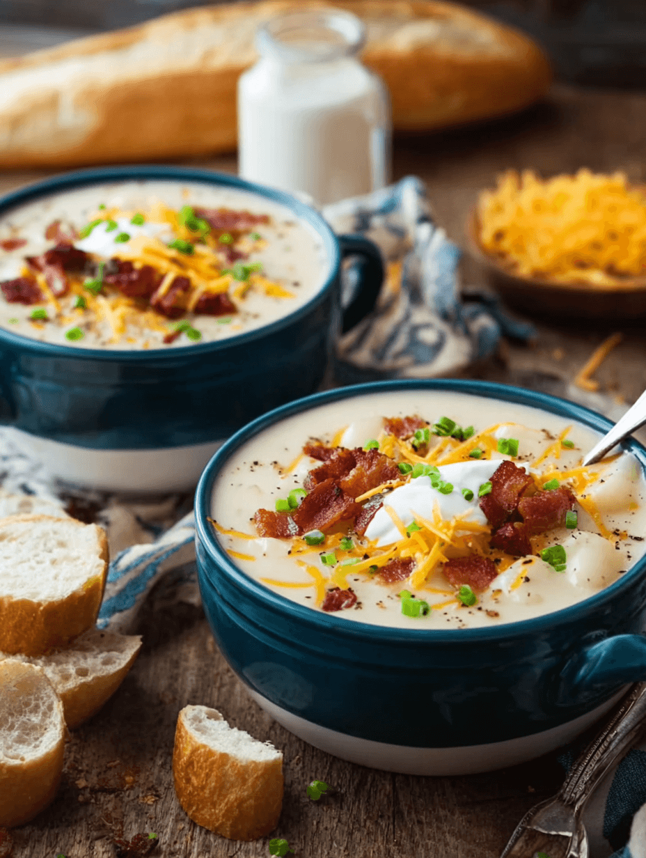 Loaded Potato Soup with bacon, cheddar cheese, and green onions served in white bowls
