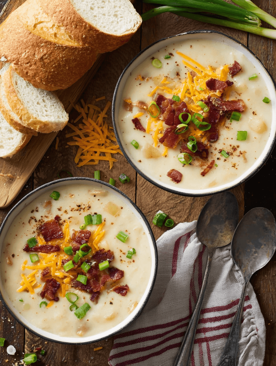 Overhead view of Loaded Potato Soup bowls topped with bacon, cheddar cheese, and green onions