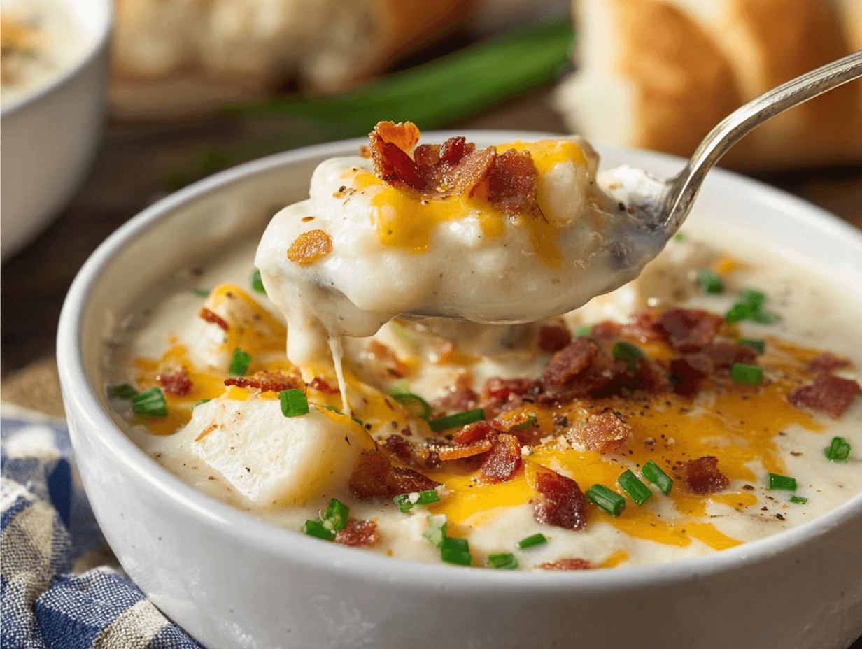 Spoon lifting creamy Loaded Potato Soup with bacon, cheddar, and green onions
