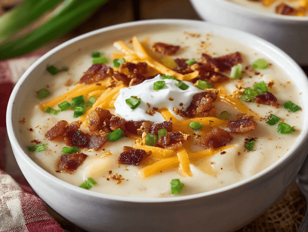 Loaded Potato Soup with bacon, cheese, and green onions in white bowl