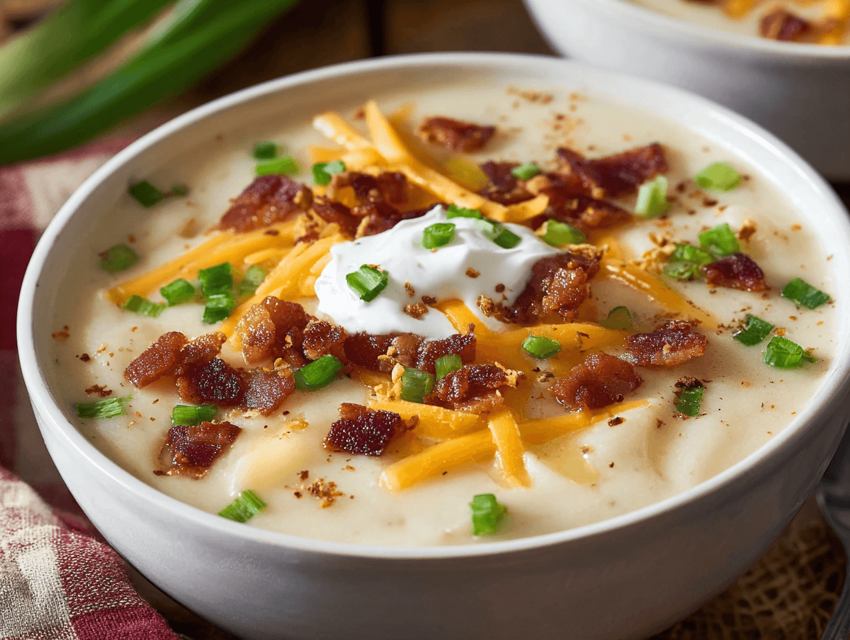 Loaded Potato Soup with bacon, cheese, and green onions in white bowl