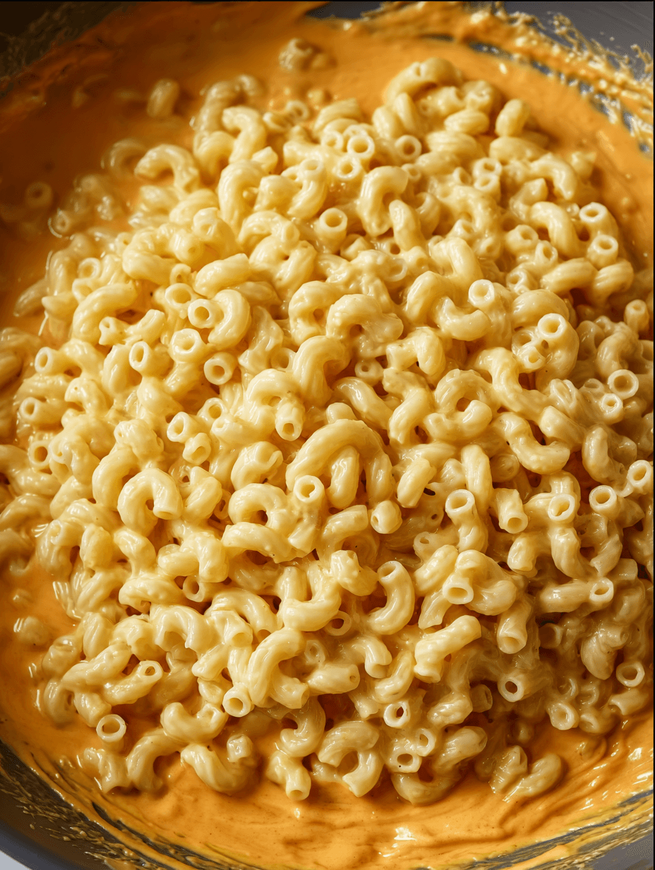 mac-and-cheese-pasta-added-to-cheese-sauce mac and cheese pasta added to creamy cheese sauce in skillet