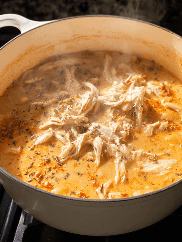 Adding shredded chicken to creamy sauce for Marry Me Chicken Gnocchi Soup