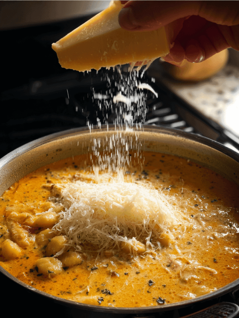 Grating parmesan cheese into creamy Marry Me Chicken Gnocchi Soup