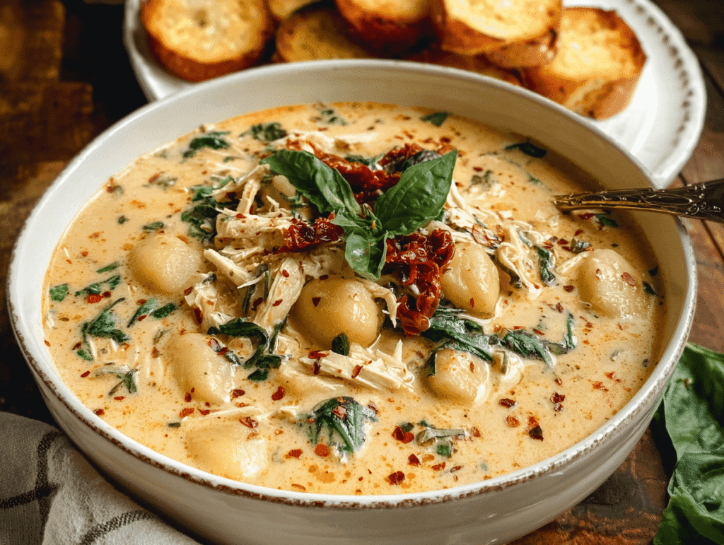 Marry Me Chicken Gnocchi Soup in a white bowl with basil and parmesan