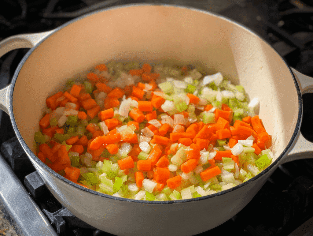 Chopped carrots, celery, and onions cooking in a pot for Marry Me Chicken Gnocchi Soup