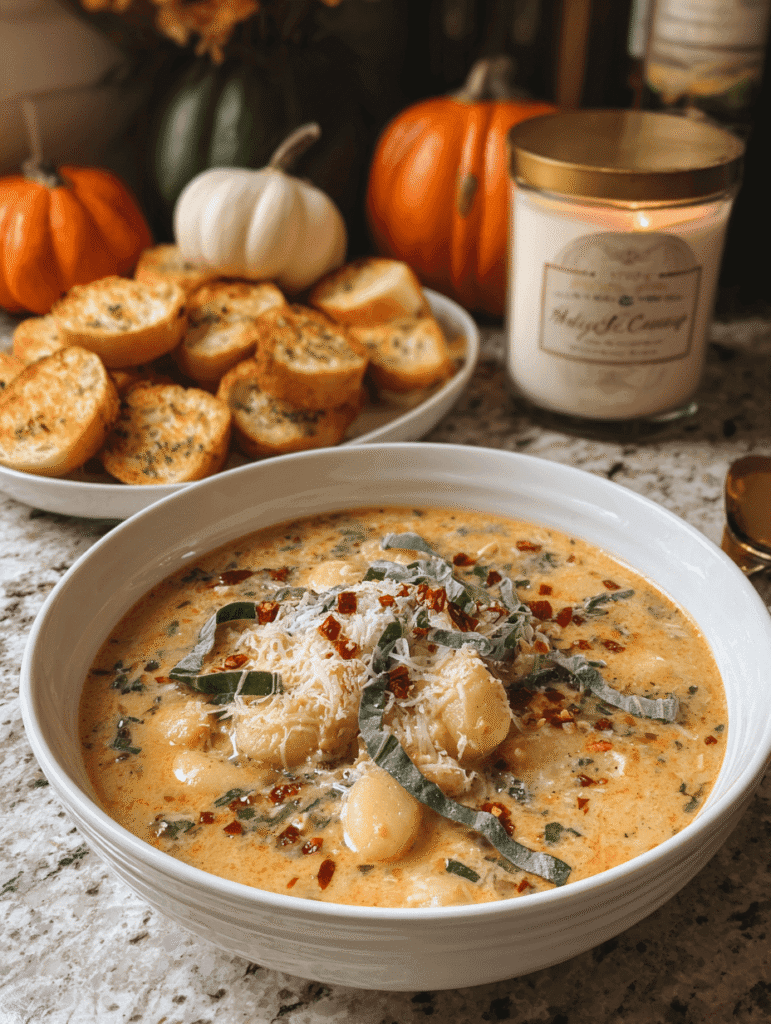 Marry Me Chicken Gnocchi Soup topped with parmesan and basil served with garlic bread