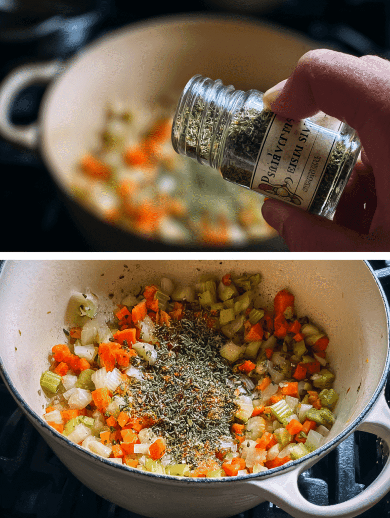 Adding Herbs from Provence to carrots, celery, and onions for Marry Me Chicken Gnocchi Soup
