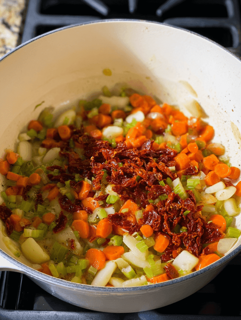 Sautéed vegetables with sun-dried tomatoes in a Dutch oven for Marry Me Chicken Gnocchi Soup