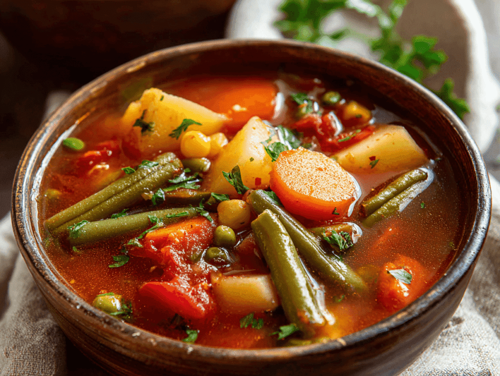 serving old-fashioned homemade vegetable soup with bread