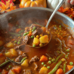 Old Fashioned Vegetable Beef Soup simmering in a pot with ladle