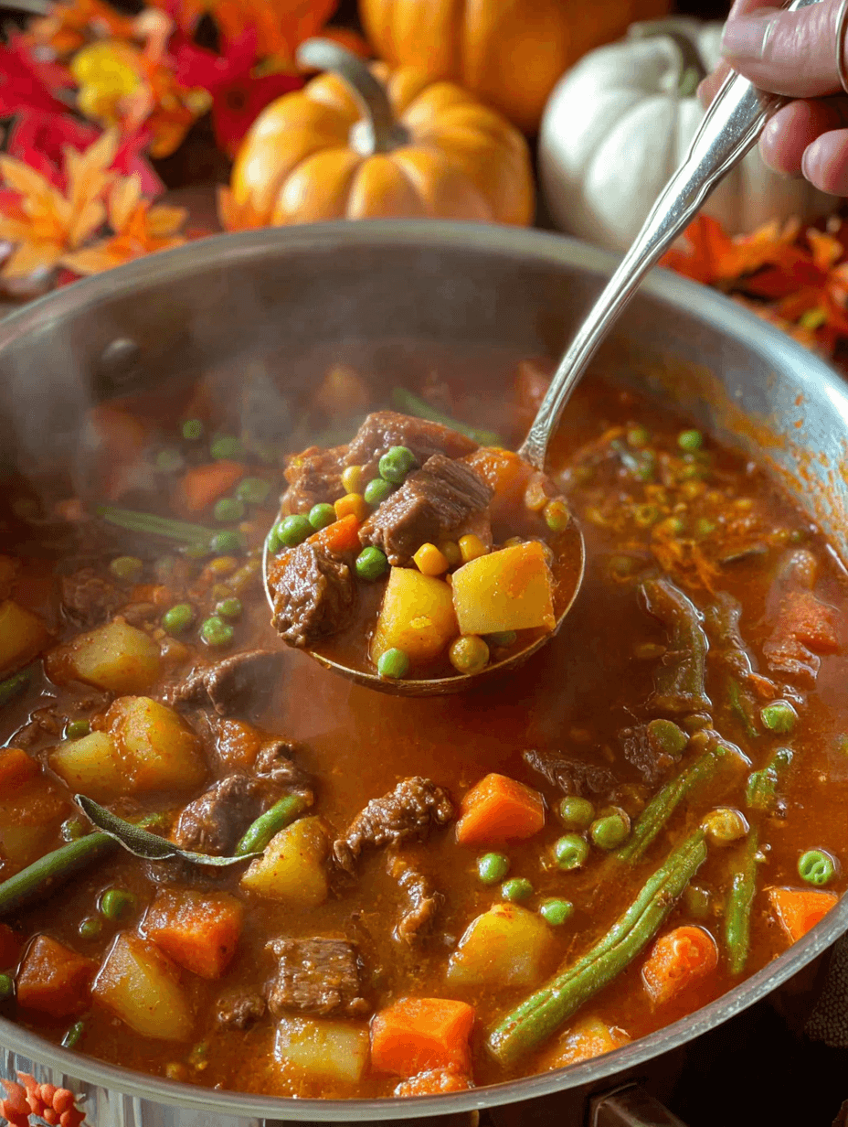 Old Fashioned Vegetable Beef Soup simmering in a pot with ladle