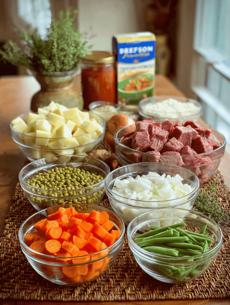 Ingredients for Old Fashioned Vegetable Beef Soup neatly arranged on a counter