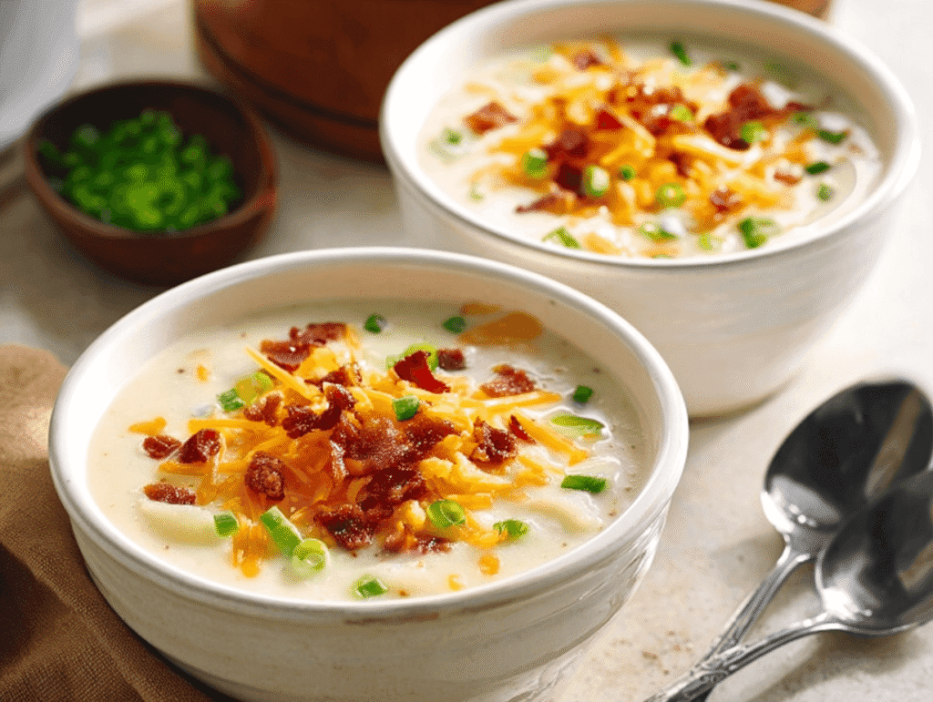 Outback potato soup recipe topped with cheddar cheese, bacon, and green onions