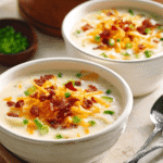 Outback potato soup recipe topped with cheddar cheese, bacon, and green onions